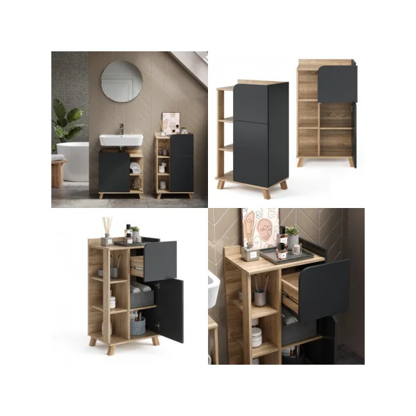 Colonne de salle de bain Chêne et Anthracite Armoire Basse salle de bain Armoire avec rangement
