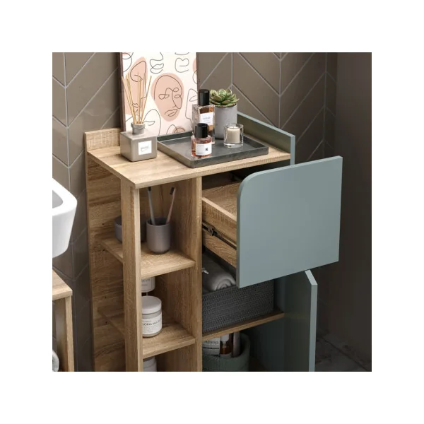 Colonne de salle de bain Chêne et Vert de Gris Armoire Basse salle de bain Armoire avec rangement