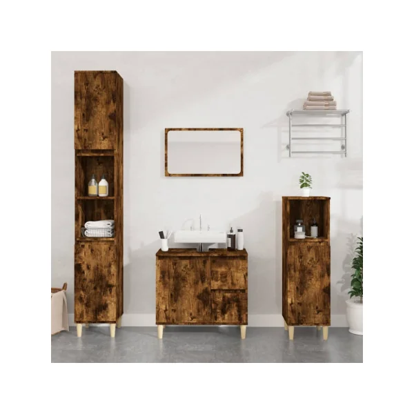 Colonne de Salle de Bain Chêne Fumé 2 Portes Armoire Haute de Salle de Bain Colonne avec Rangement