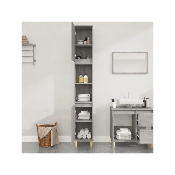 Colonne de Salle de Bain Chêne Gris 2 Portes Armoire Haute de Salle de Bain Colonne avec Rangement
