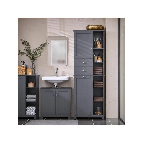 Colonne de Salle de Bain Grise avec Placard Corbeille Linge 2 Tiroirs Meuble Rangement