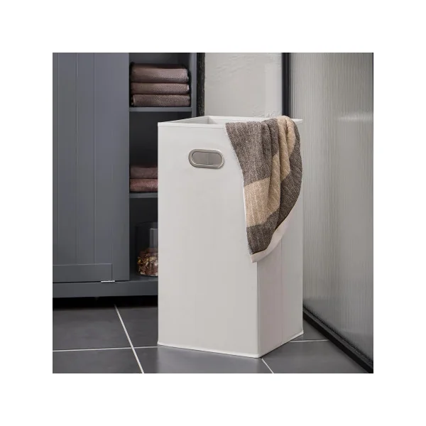 Colonne de Salle de Bain Grise avec Placard Corbeille Linge 2 Tiroirs Meuble Rangement