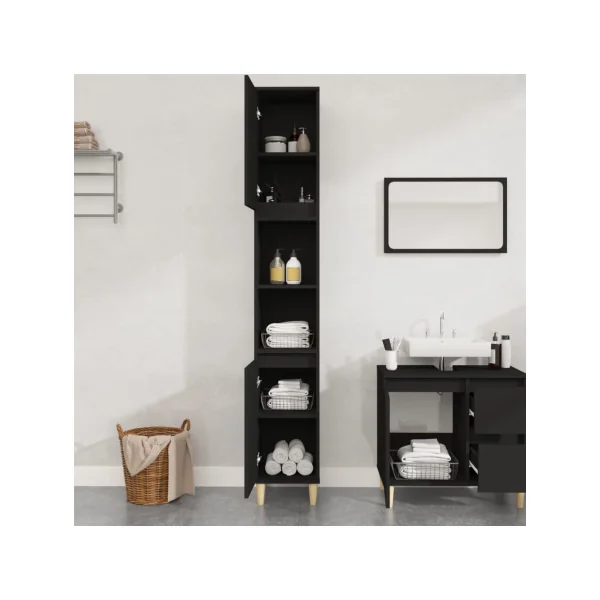 Colonne de Salle de Bain Noir 2 Portes Armoire Haute de Salle de Bain Colonne avec Rangement