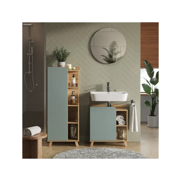 Colonne Salle de bain Chêne et Vert de gris Colonne Moderne Meuble rangement Salle de bain