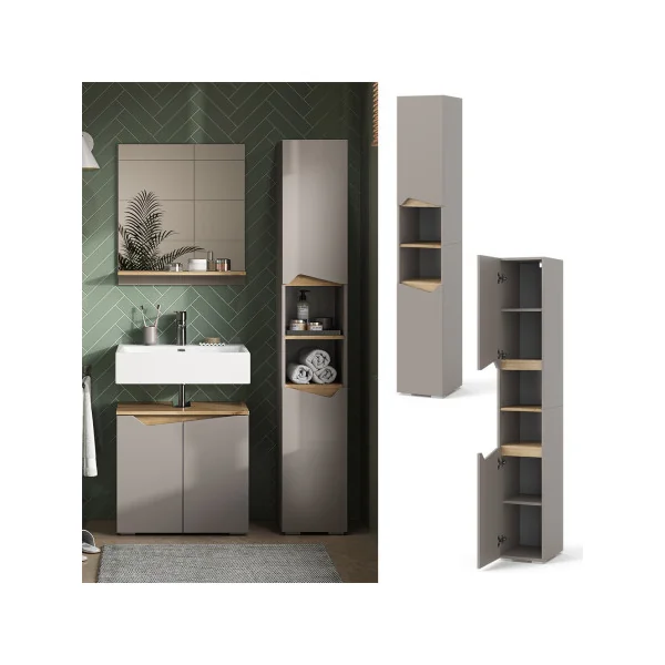 Colonne Salle de Bain Grège et Chêne Meuble Rangement avec Portes et Compartiments Ouverts
