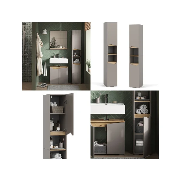 Colonne Salle de Bain Grège et Chêne Meuble Rangement avec Portes et Compartiments Ouverts