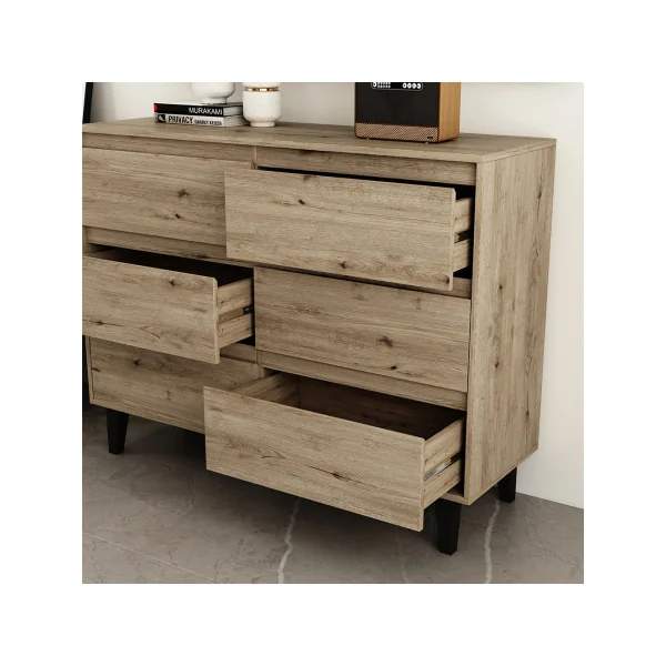 Commode 120 cm 6 Tiroirs Chêne Commode de Salon Moderne Commode Chambre