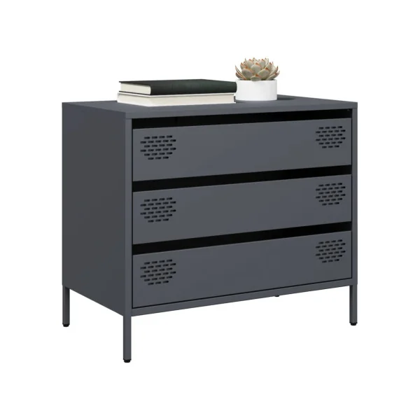 Commode 3 Tiroirs Anthracite Acier Chambre Salon Meuble de Rangement