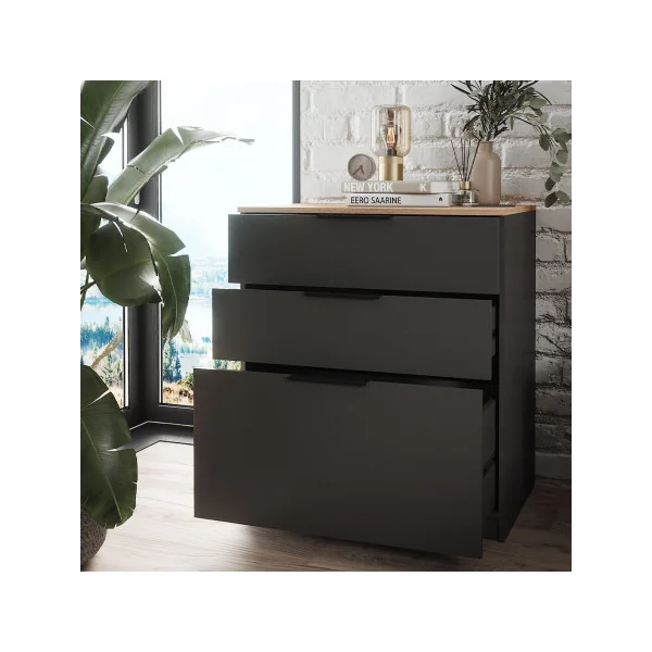 Commode 3 Tiroirs Anthracite et Chêne Commode Chambre Salon Meuble de Rangement