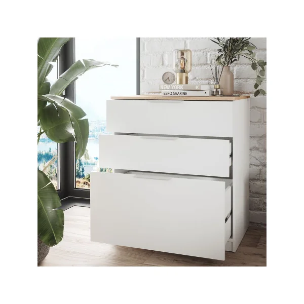 Commode 3 Tiroirs Chêne et Blanc Commode Chambre Salon Meuble de Rangement