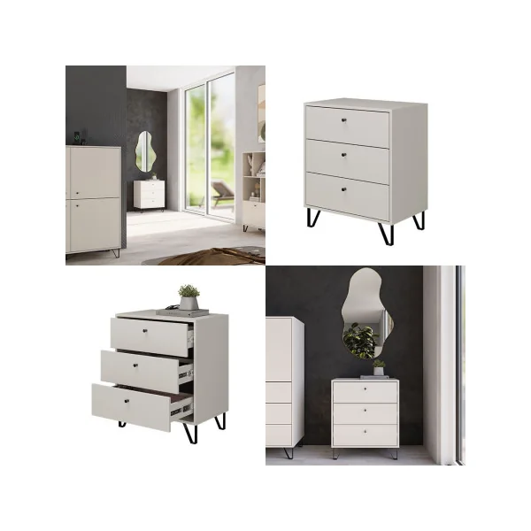 Commode 3 Tiroirs de Rangement Blanc / Beige Commode Chambre Salon Meuble de Rangement