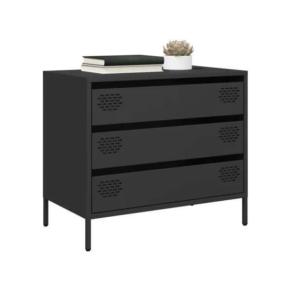 Commode 3 Tiroirs Noir Acier Chambre Salon Meuble de Rangement