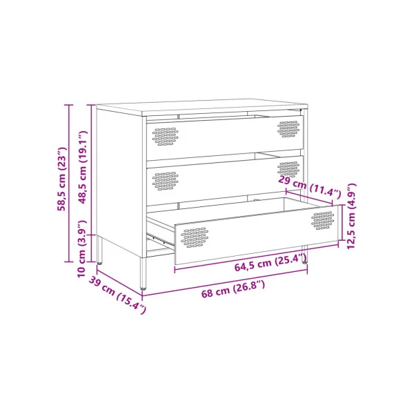 Commode 3 Tiroirs Noir Acier Chambre Salon Meuble de Rangement