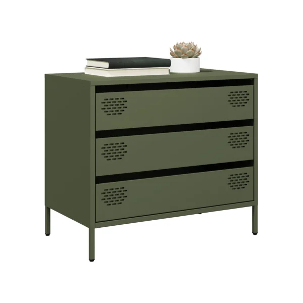 Commode 3 Tiroirs Vert Olive Acier Chambre Salon Meuble de Rangement
