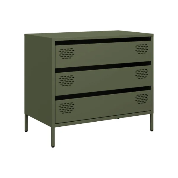 Commode 3 Tiroirs Vert Olive Acier Chambre Salon Meuble de Rangement