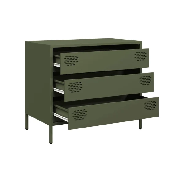 Commode 3 Tiroirs Vert Olive Acier Chambre Salon Meuble de Rangement