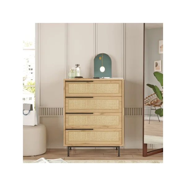 Commode 4 tiroirs Cannage en Rotin Pieds Métal Rangement Chambre Salon