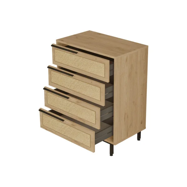 Commode 4 tiroirs Cannage en Rotin Pieds Métal Rangement Chambre Salon