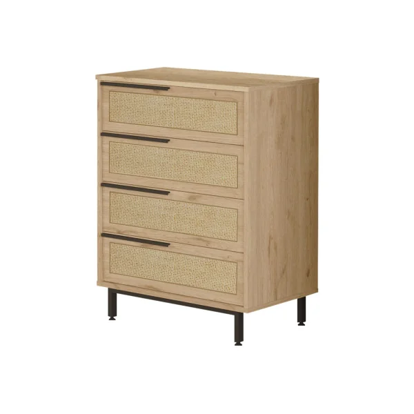 Commode 4 tiroirs Cannage en Rotin Pieds Métal Rangement Chambre Salon