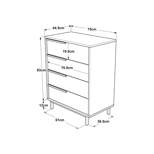 Commode 4 tiroirs Cannage en Rotin Pieds Métal Rangement Chambre Salon