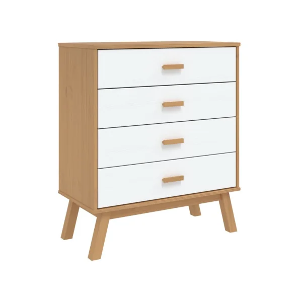 Commode 4 tiroirs Marron et Blanc Pin Massif Commode Salon Meuble Rangement Chambre Armoire à tiroirs