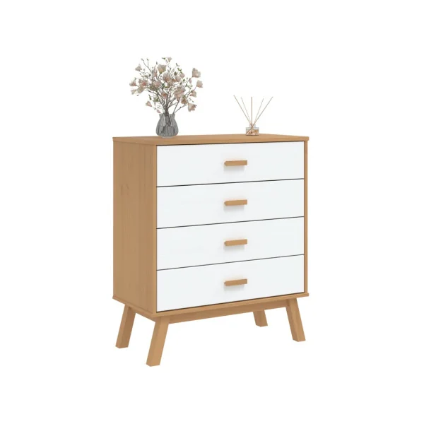 Commode 4 tiroirs Marron et Blanc Pin Massif Commode Salon Meuble Rangement Chambre Armoire à tiroirs