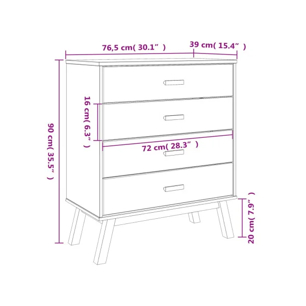 Commode 4 tiroirs Marron et Blanc Pin Massif Commode Salon Meuble Rangement Chambre Armoire à tiroirs