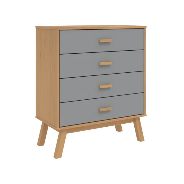 Commode 4 tiroirs Marron et Gris Pin Massif Commode Salon Meuble Rangement Chambre Armoire à tiroirs