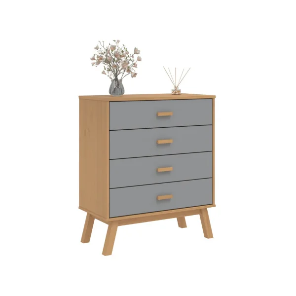 Commode 4 tiroirs Marron et Gris Pin Massif Commode Salon Meuble Rangement Chambre Armoire à tiroirs