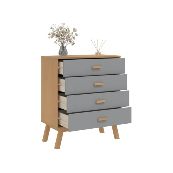 Commode 4 tiroirs Marron et Gris Pin Massif Commode Salon Meuble Rangement Chambre Armoire à tiroirs