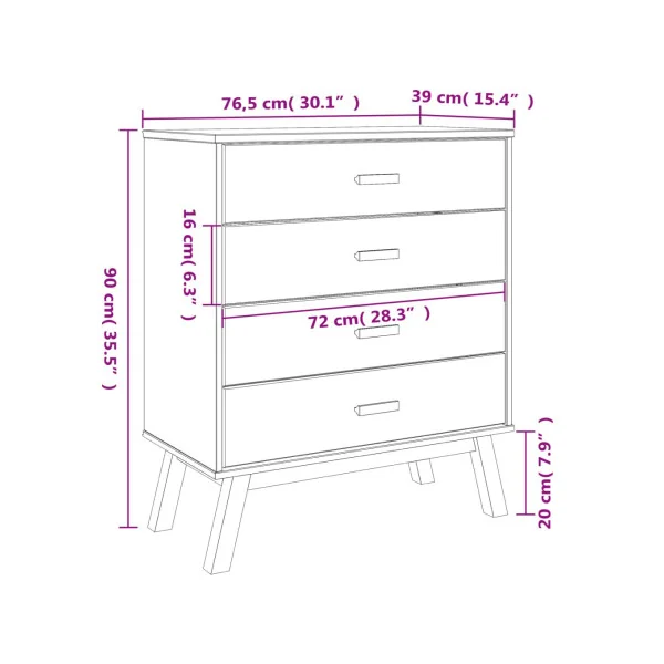 Commode 4 tiroirs Marron et Gris Pin Massif Commode Salon Meuble Rangement Chambre Armoire à tiroirs