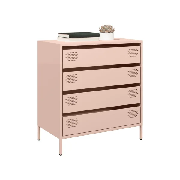 Commode 4 Tiroirs Rose Acier Chambre Salon Meuble de Rangement