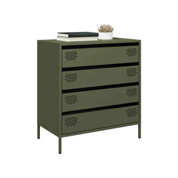 Commode 4 Tiroirs Vert Olive Acier Chambre Salon Meuble de Rangement