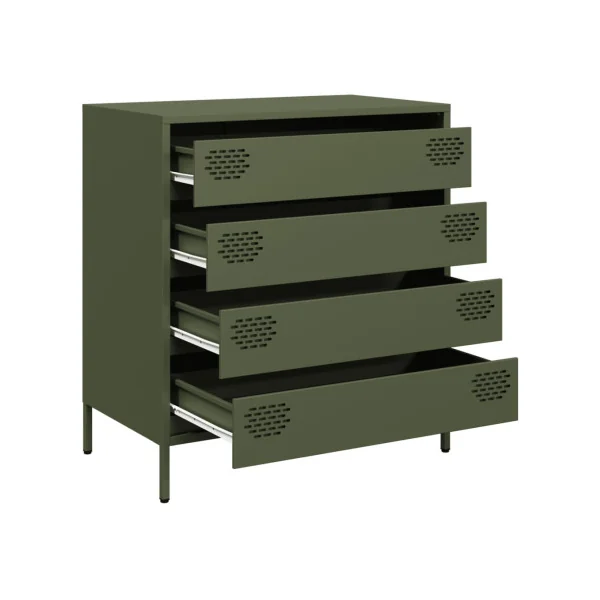 Commode 4 Tiroirs Vert Olive Acier Chambre Salon Meuble de Rangement