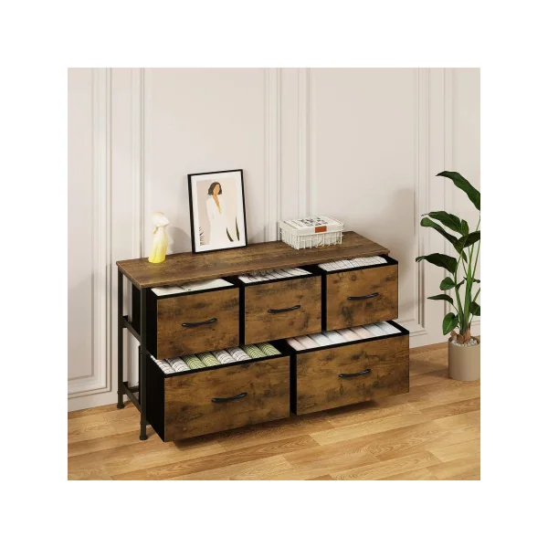 Commode 5 Tiroirs Tissu Marron Rustique Style Industriel Meuble de Rangement Cadre Métal
