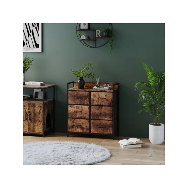 Commode 6 Tiroirs Chêne Rustique Commode Rangement Industrielle Chambre Salon