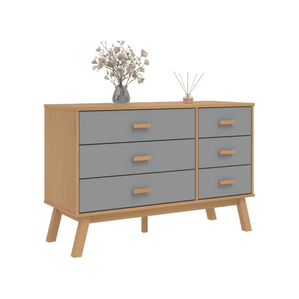 Commode 6 tiroirs Marron et Gris Pin Massif Commode Salon Meuble Rangement Chambre Armoire à tiroirs