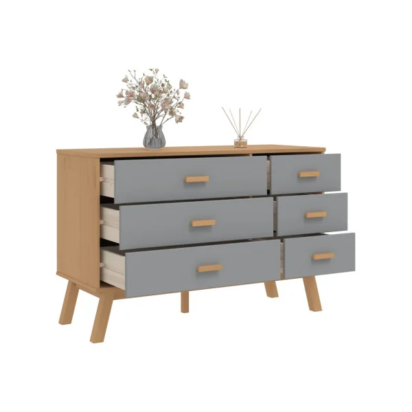 Commode 6 tiroirs Marron et Gris Pin Massif Commode Salon Meuble Rangement Chambre Armoire à tiroirs