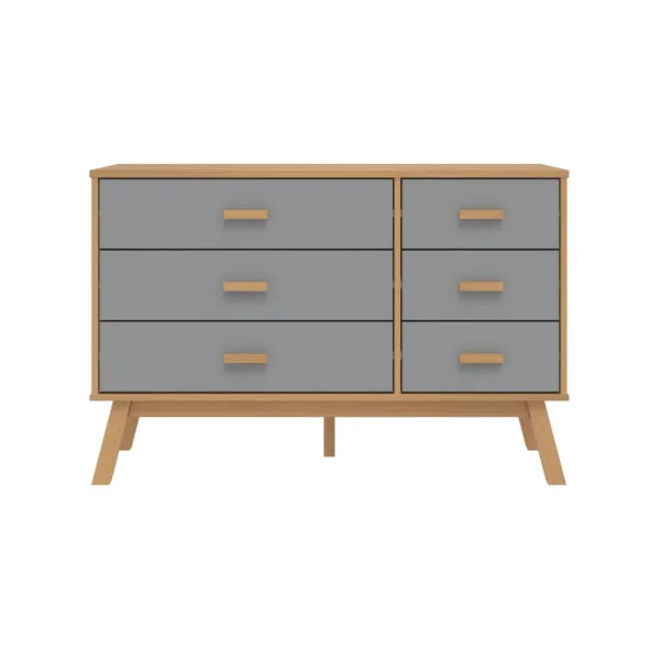 Commode 6 tiroirs Marron et Gris Pin Massif Commode Salon Meuble Rangement Chambre Armoire à tiroirs