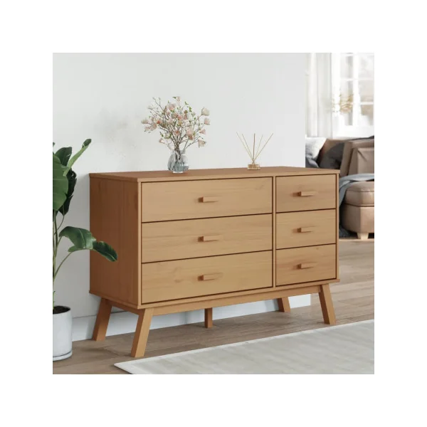 Commode 6 tiroirs Marron Pin Massif Commode Salon Meuble Rangement Chambre Armoire à tiroirs