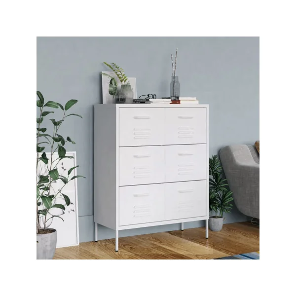 Commode 6 Tiroirs Métal Blanc Armoire à Tiroirs en Acier