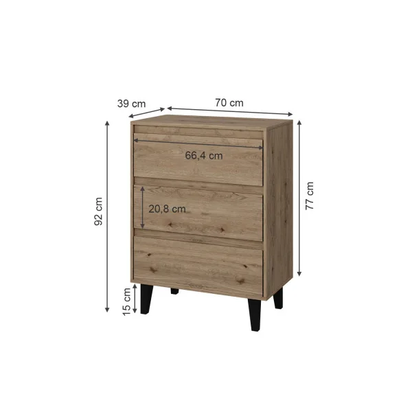 Commode 70 cm 3 Tiroirs Chêne Commode de Salon Moderne Commode Chambre