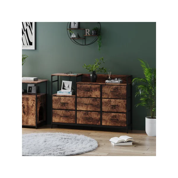 Commode 8 Tiroirs Chêne Rustique avec USB Commode Rangement Industrielle Chambre Salon