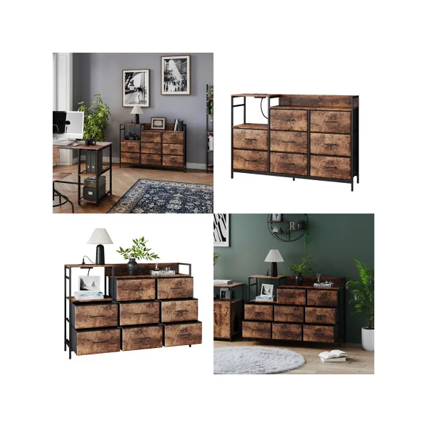 Commode 8 Tiroirs Chêne Rustique avec USB Commode Rangement Industrielle Chambre Salon