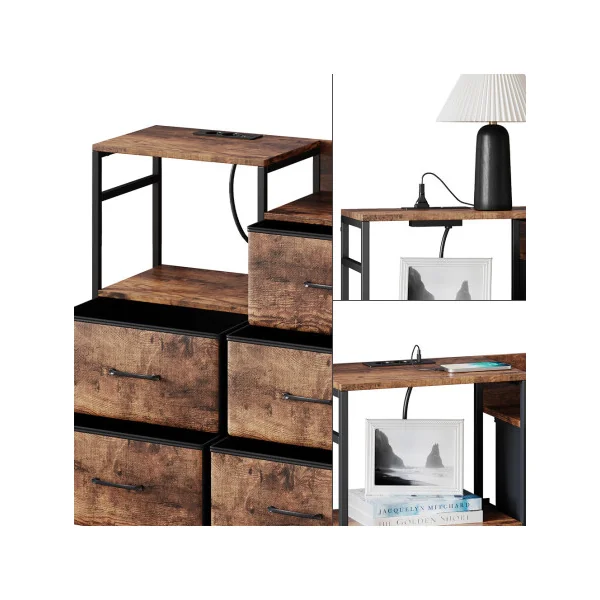 Commode 8 Tiroirs Chêne Rustique avec USB Commode Rangement Industrielle Chambre Salon