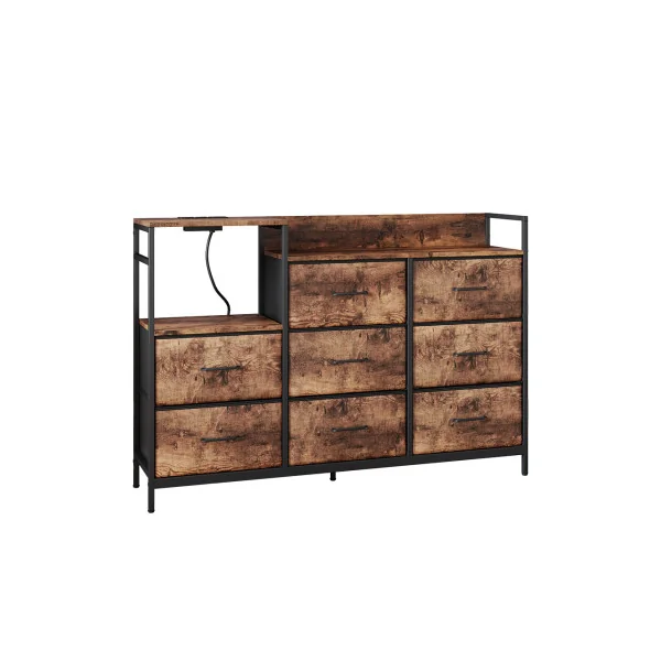 Commode 8 Tiroirs Chêne Rustique avec USB Commode Rangement Industrielle Chambre Salon