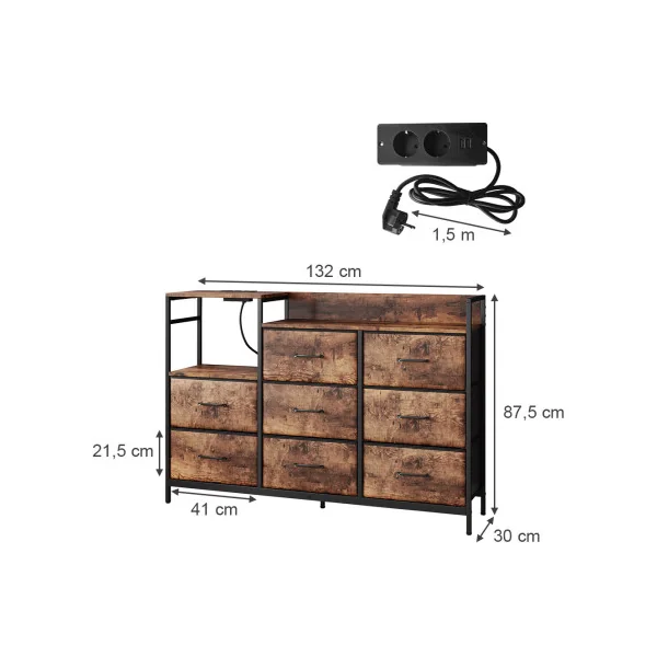 Commode 8 Tiroirs Chêne Rustique avec USB Commode Rangement Industrielle Chambre Salon