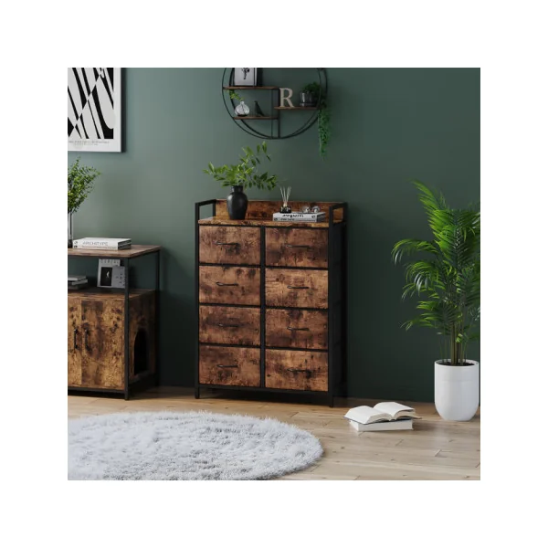 Commode 8 Tiroirs Chêne Rustique Commode Rangement Industrielle Chambre Salon