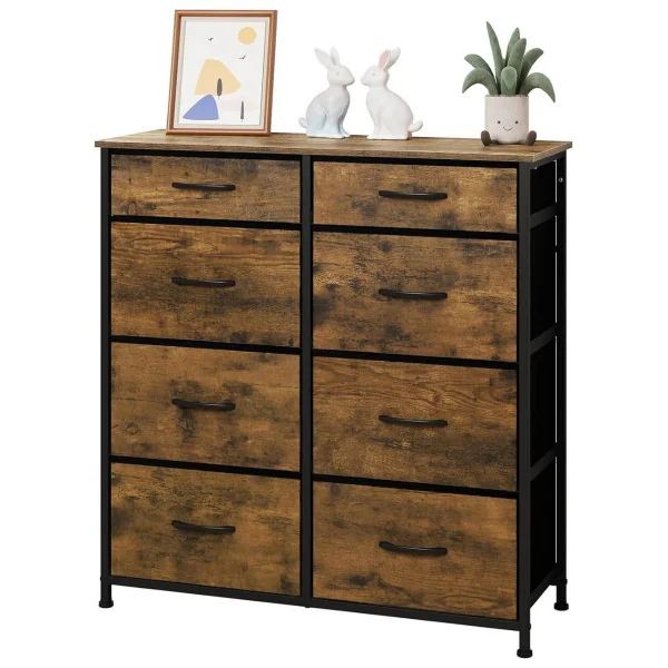 Commode 8 Tiroirs Tissu Marron Rustique Style Industriel Meuble de Rangement Cadre Métal