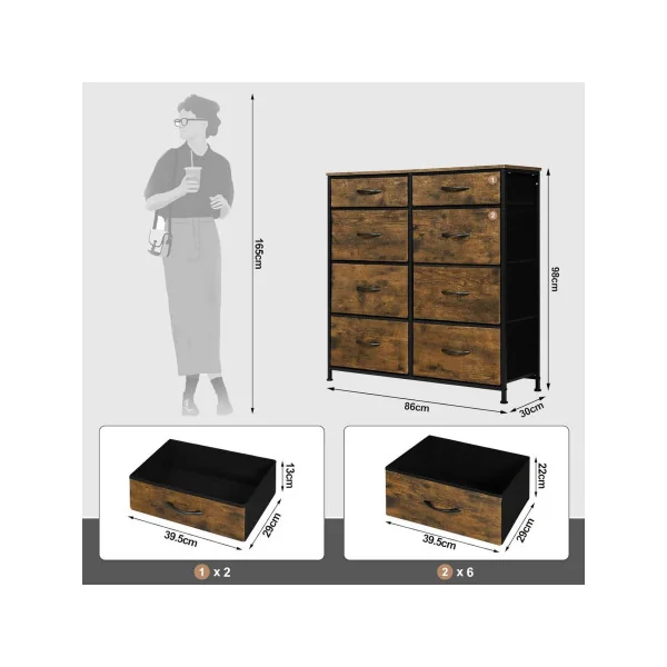 Commode 8 Tiroirs Tissu Marron Rustique Style Industriel Meuble de Rangement Cadre Métal